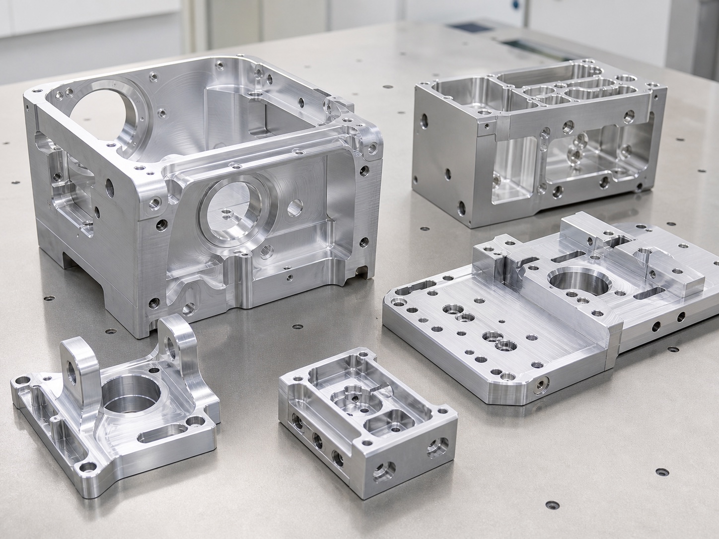 Representative 5-axis CNC machined aluminum housings and joint brackets with multi-face bores and mounting features