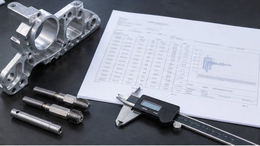 Dimensional inspection report with CNC machined bracket and gauges