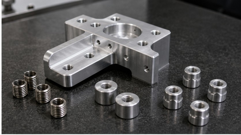 Thread inserts and finished CNC machined aluminum component