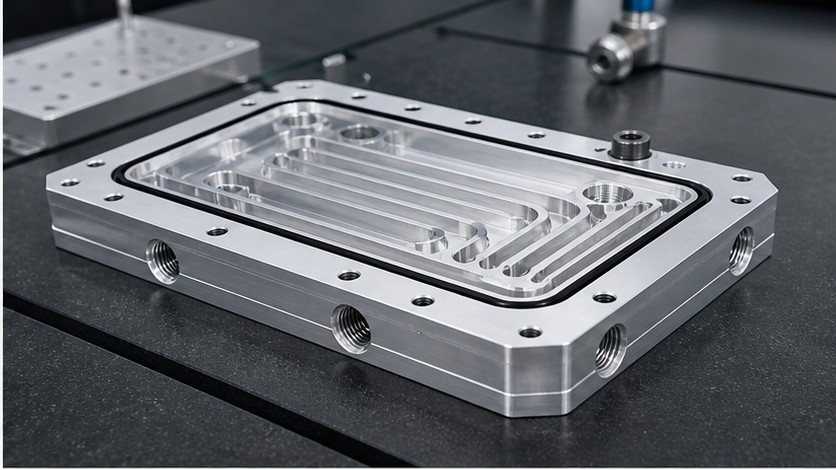 Finished machined aluminum liquid cooling plate with channels and sealing groove