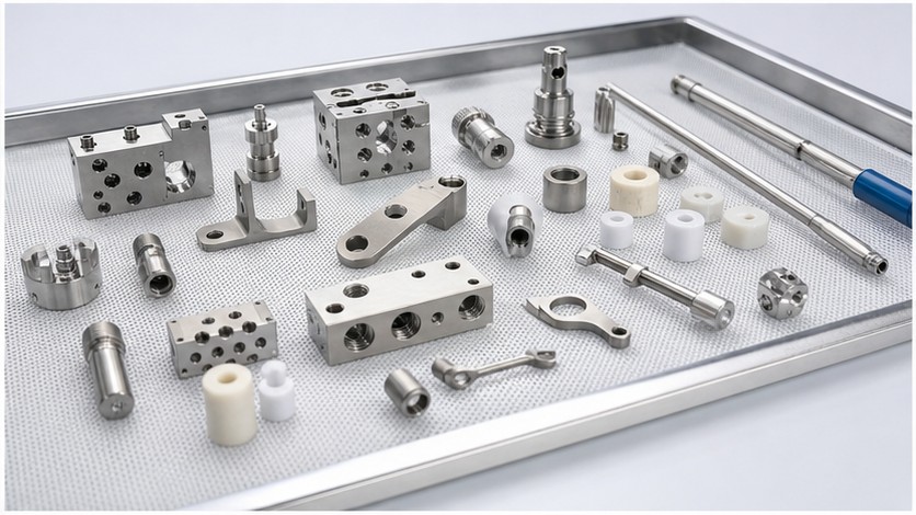 Finished medical CNC parts on clean inspection tray