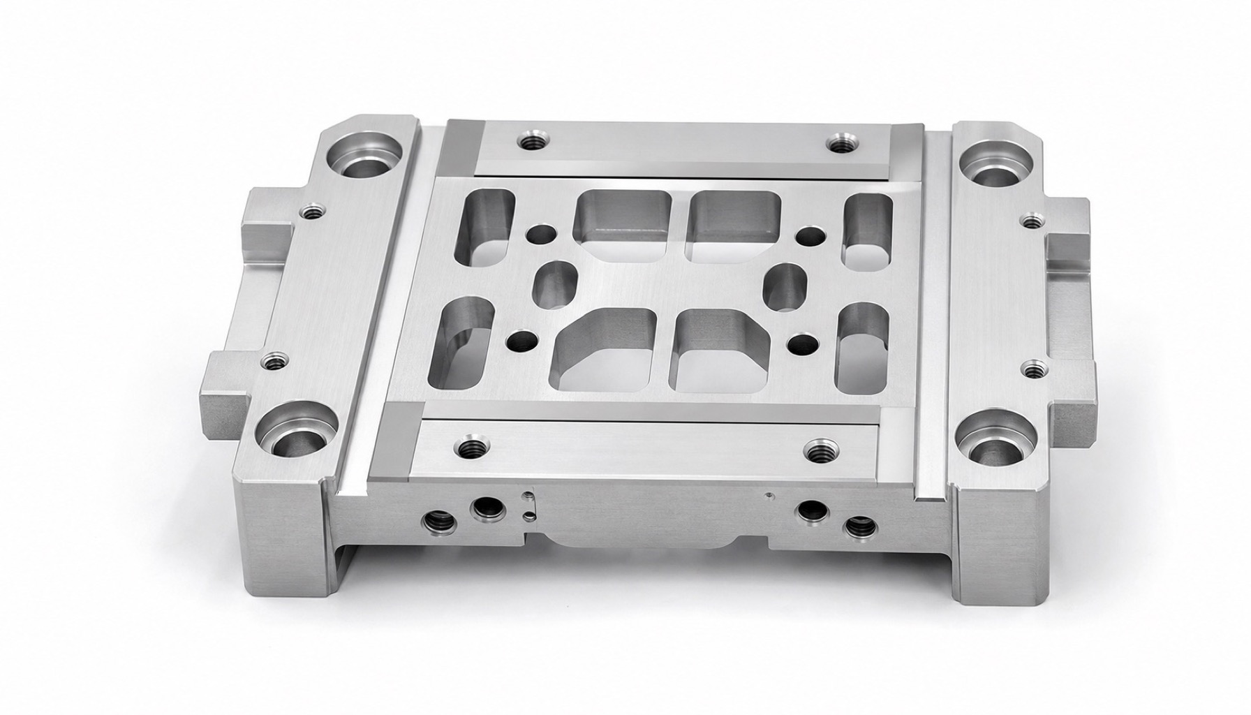 Finished robot linear guide slider block with machined rail mounting faces and hole patterns