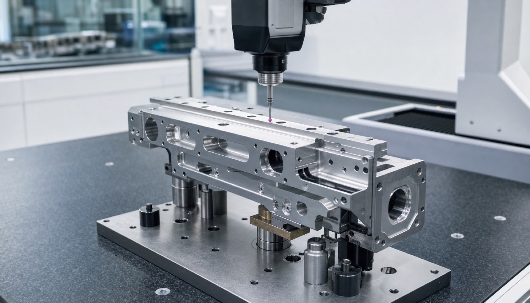 CMM inspection of hole position and datum relationship on a linear guide slider block