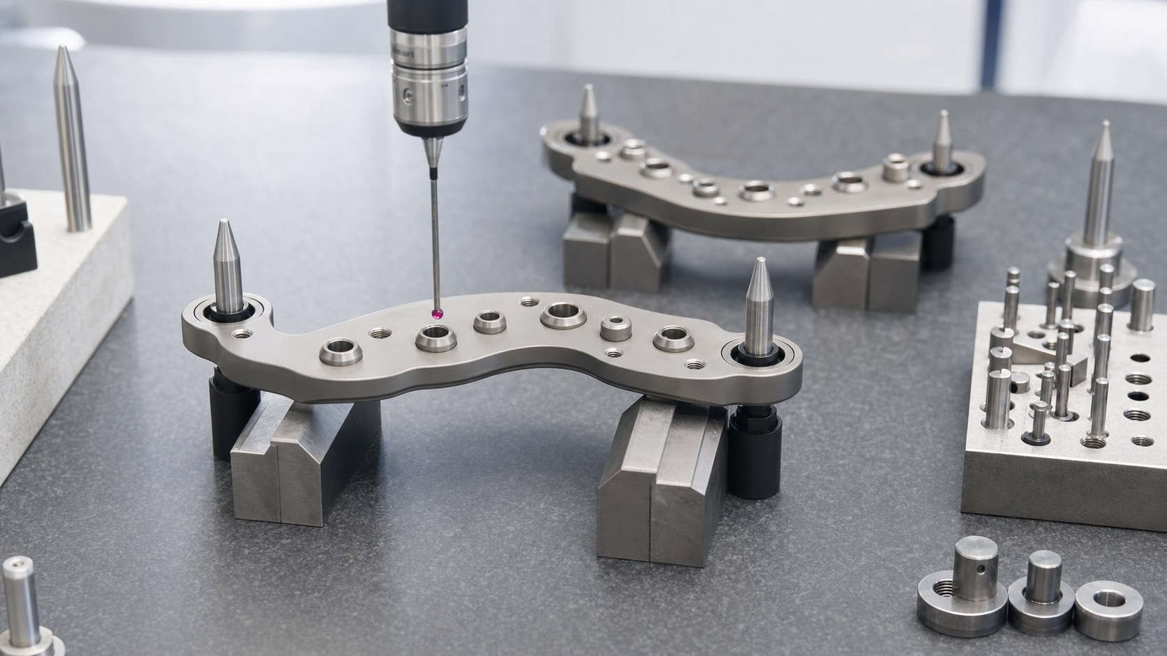 Curved dental arch guide plate inspected for sleeve and pin locations