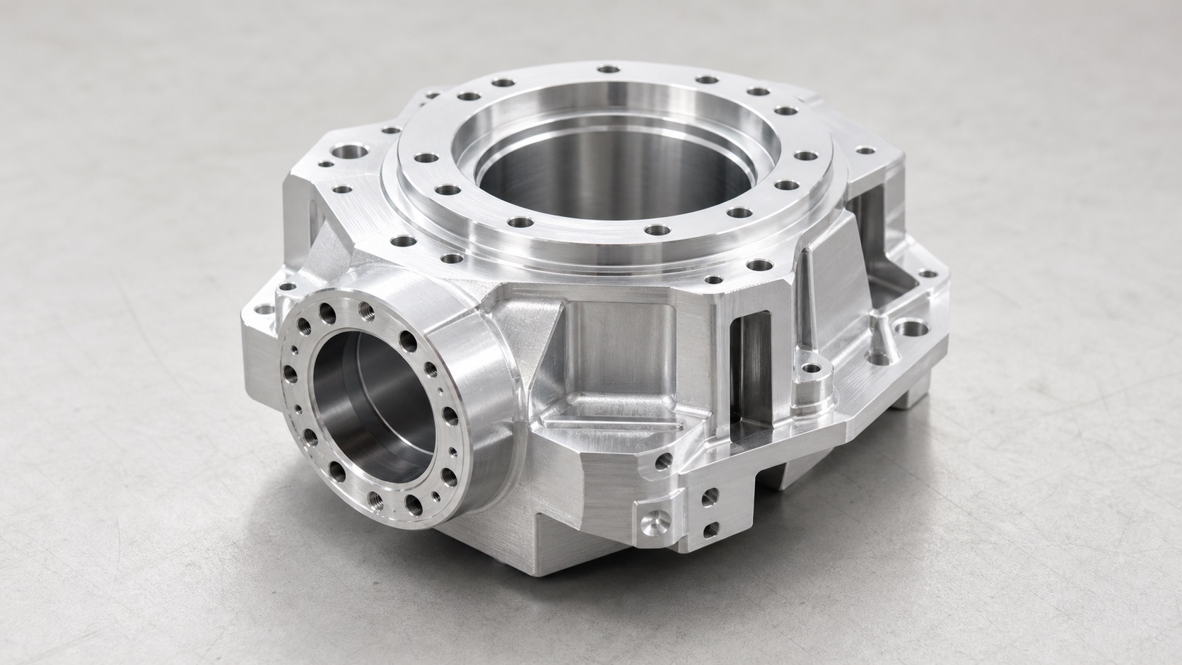 Finished robot joint motor housing with precision bearing bores and bolt circles