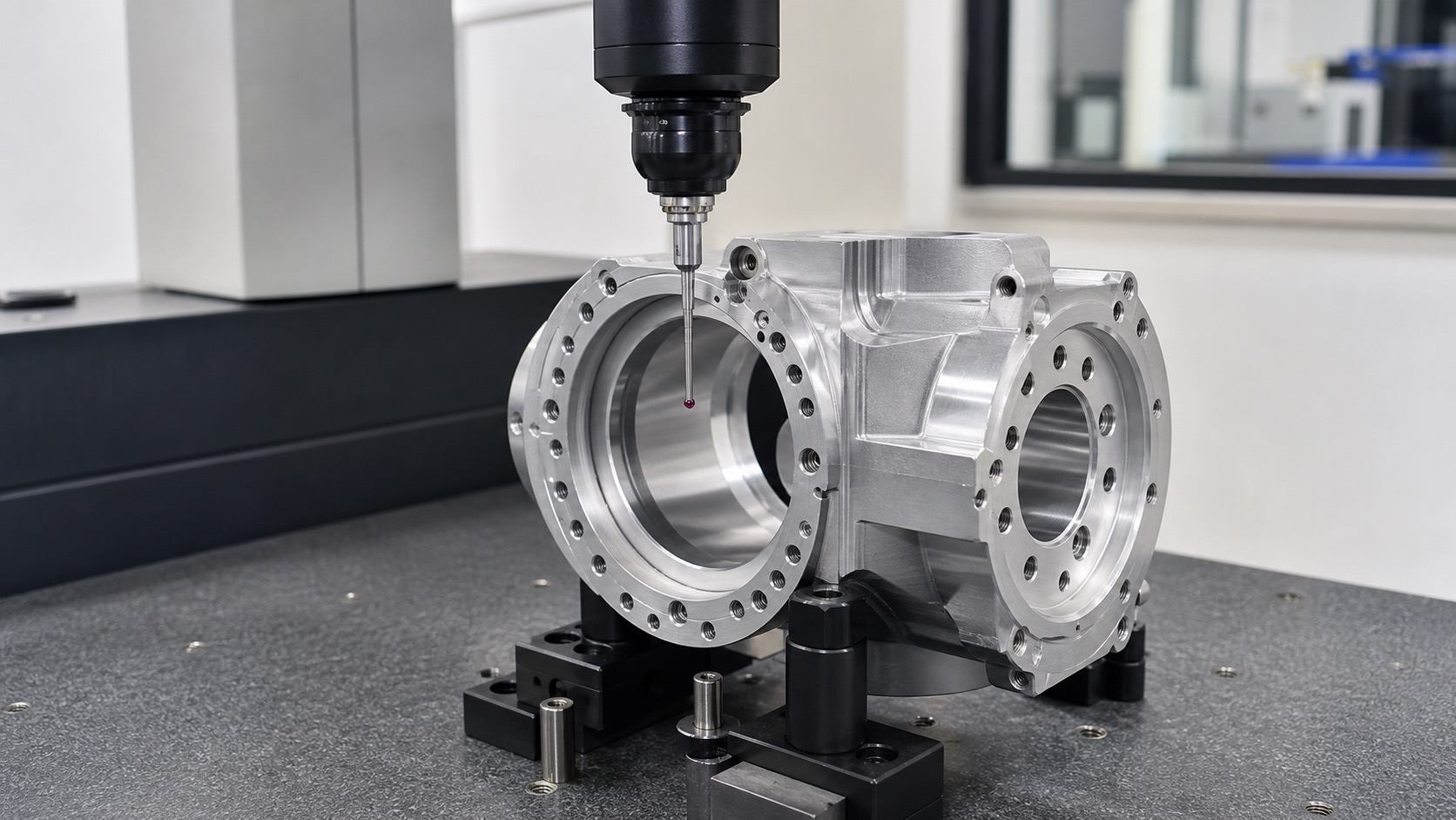 CMM inspection of bearing bore coaxiality and end face runout on a robot joint housing