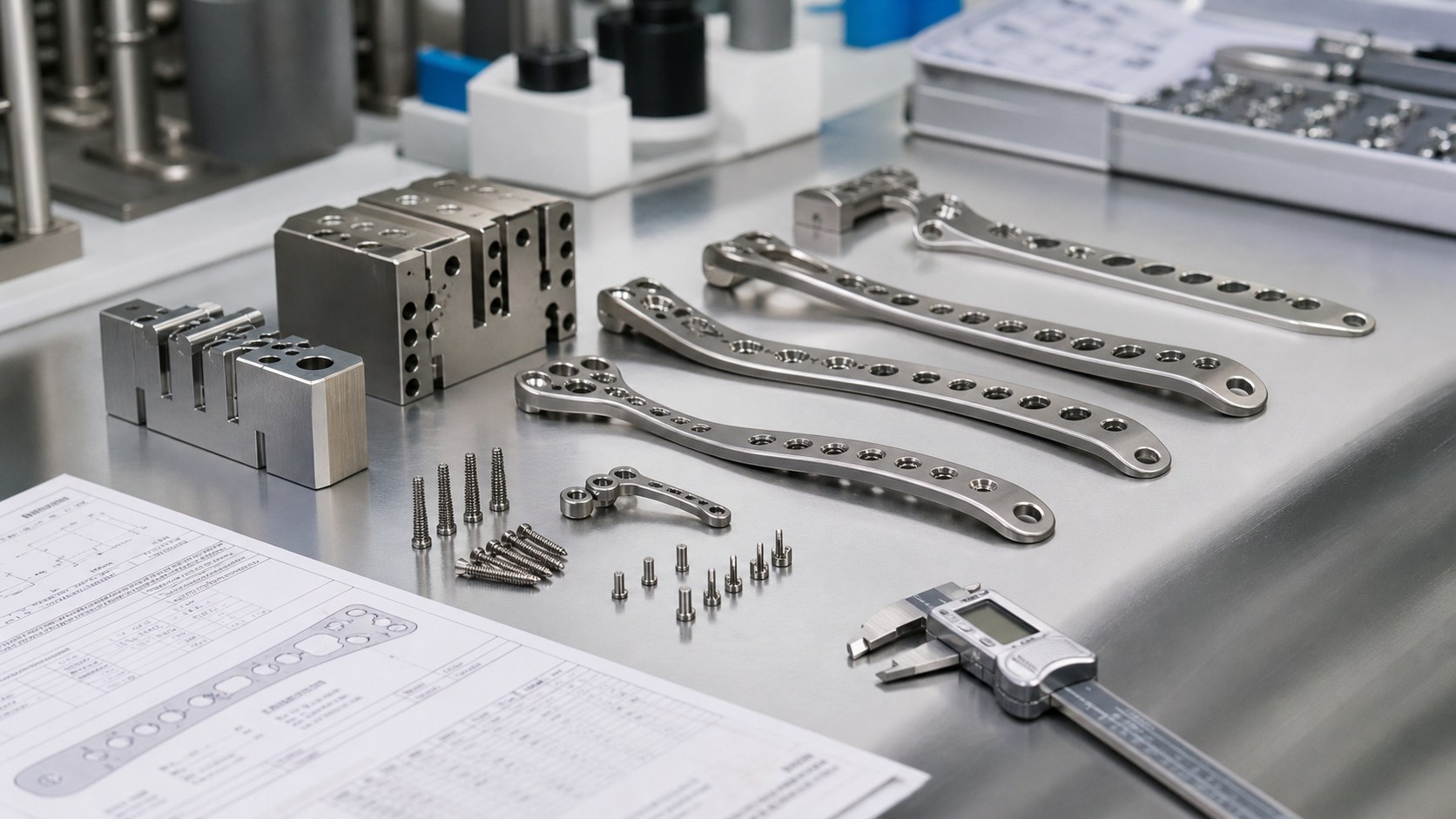 CNC machined orthopedic bone plate prototypes and surgical guide blocks