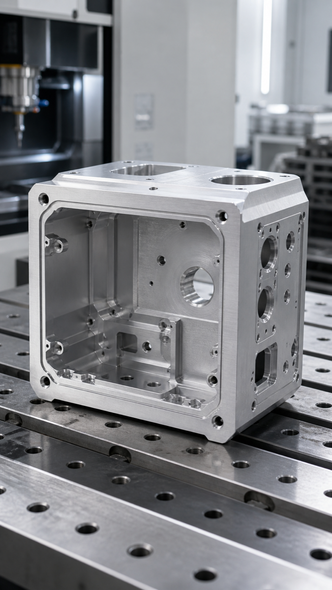 Deep cavity aluminum controller housing on a CNC machine table