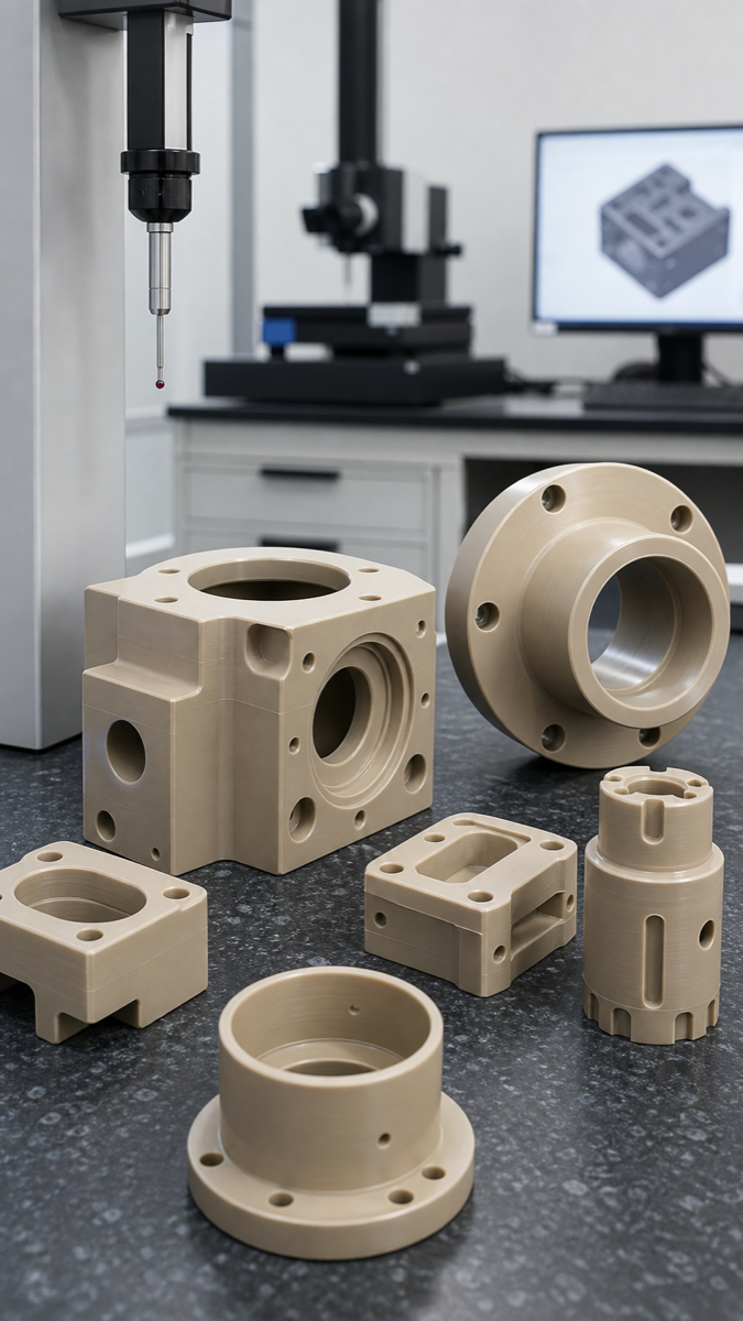 PEEK machined parts prepared for dimensional inspection on a CMM table