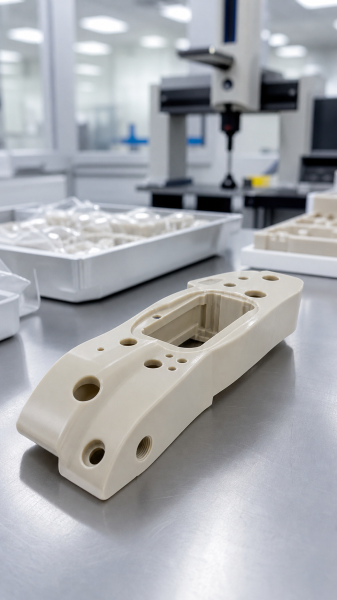 Thin-wall PEEK machined component with pockets and mounting holes