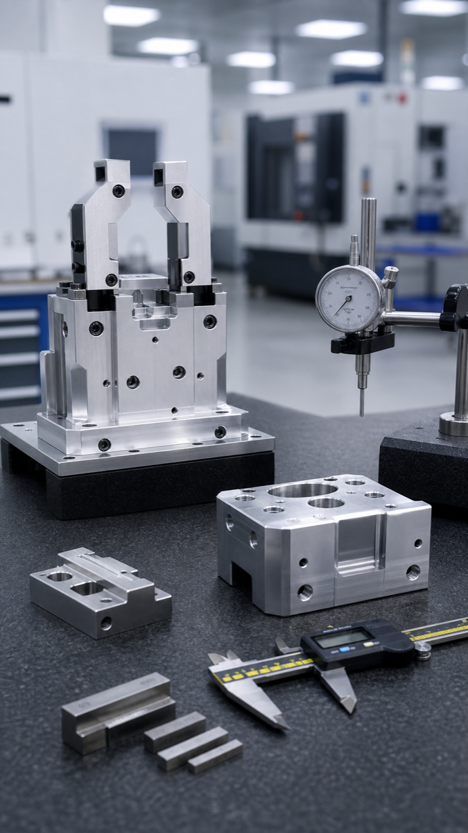 Robot gripper jaws prepared for dimensional inspection with gauges