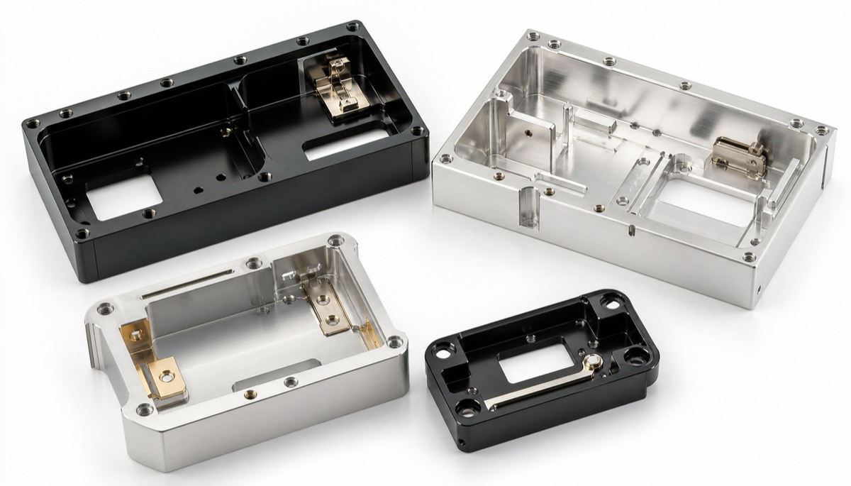 Finished aluminum shielding housings with conductive contact areas and machined cavities