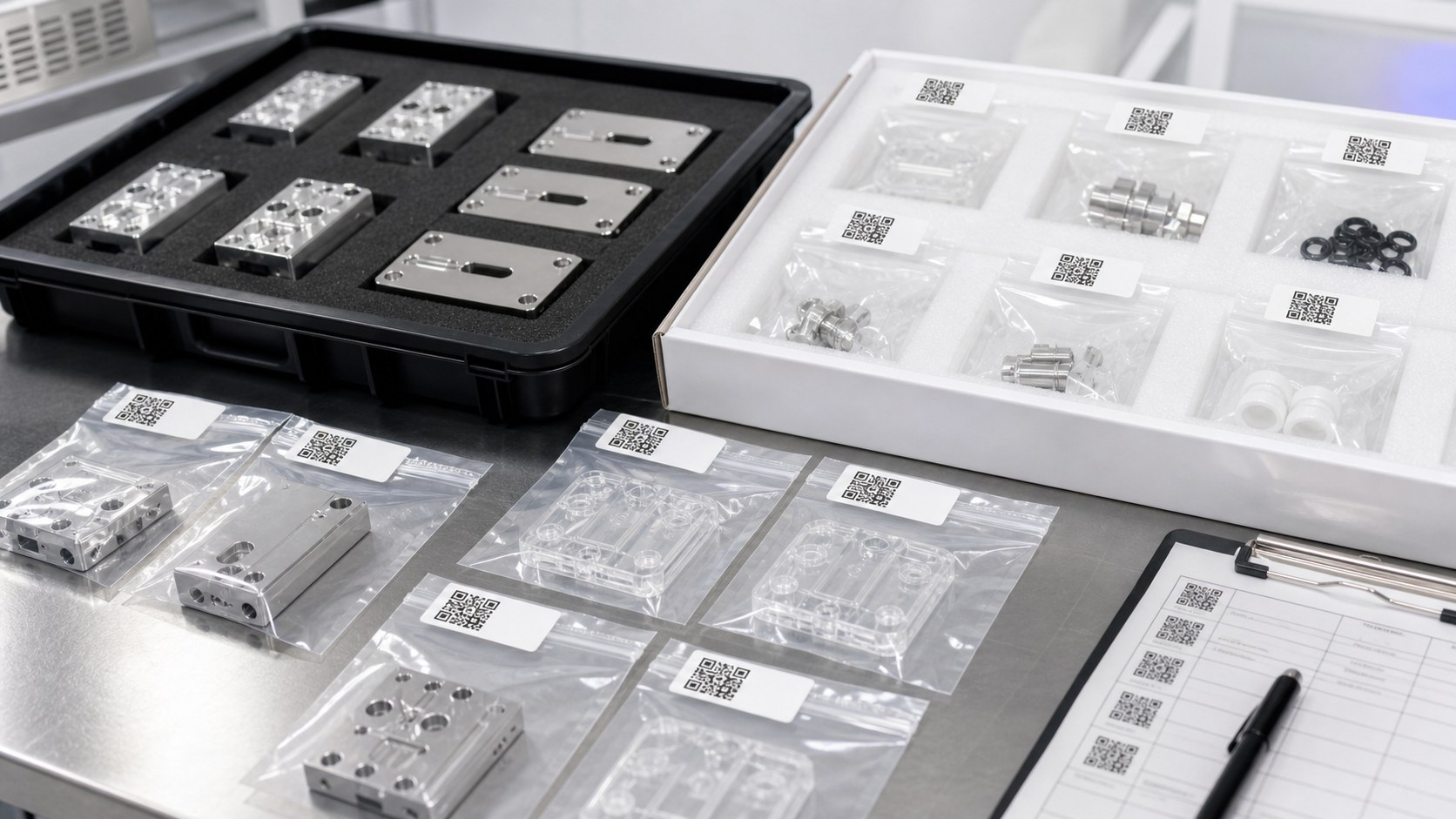 Clean packaging and traceability for microfluidic diagnostic CNC parts