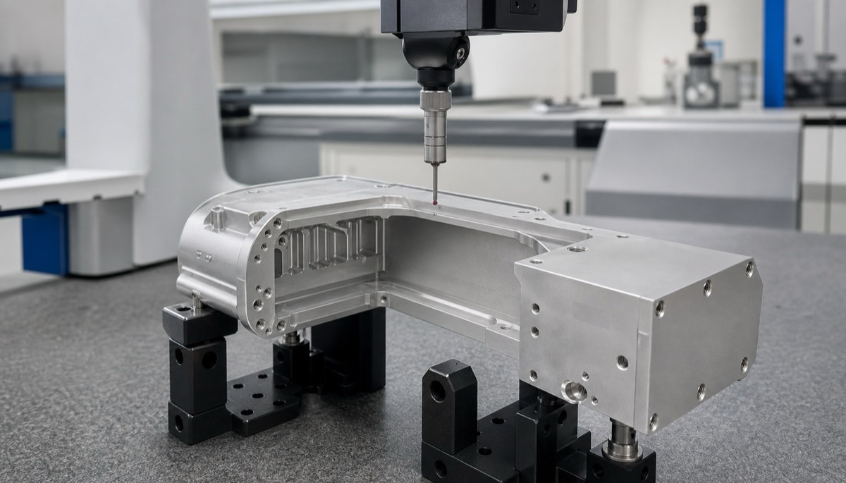 CMM inspection of an aluminum optical module housing with critical holes and flatness