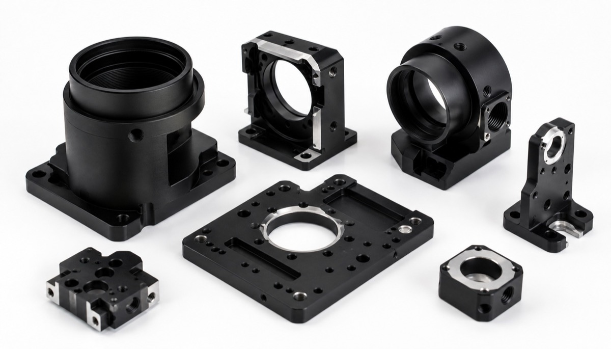 Black anodized optical aluminum parts with masked contact and precision features