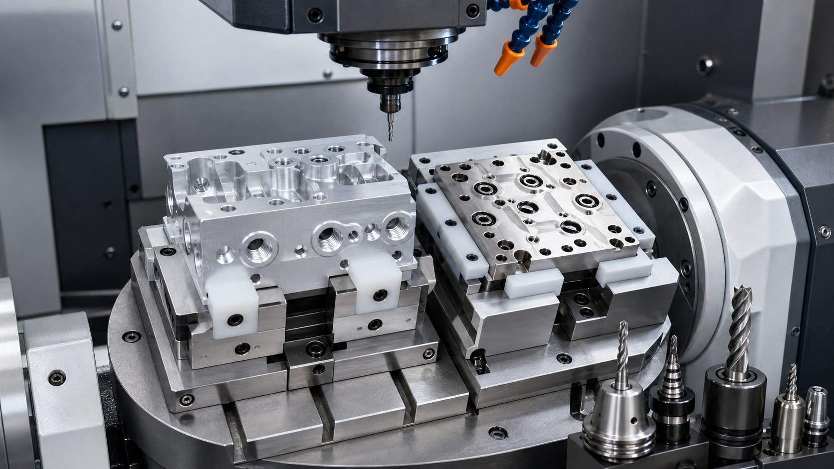 Five-axis fixturing for respiratory pneumatic manifold machining