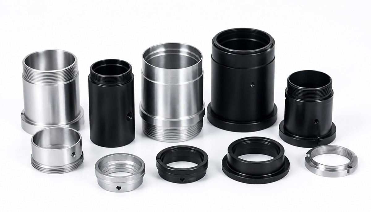Precision optical barrel sleeves, retaining rings and black anodized components