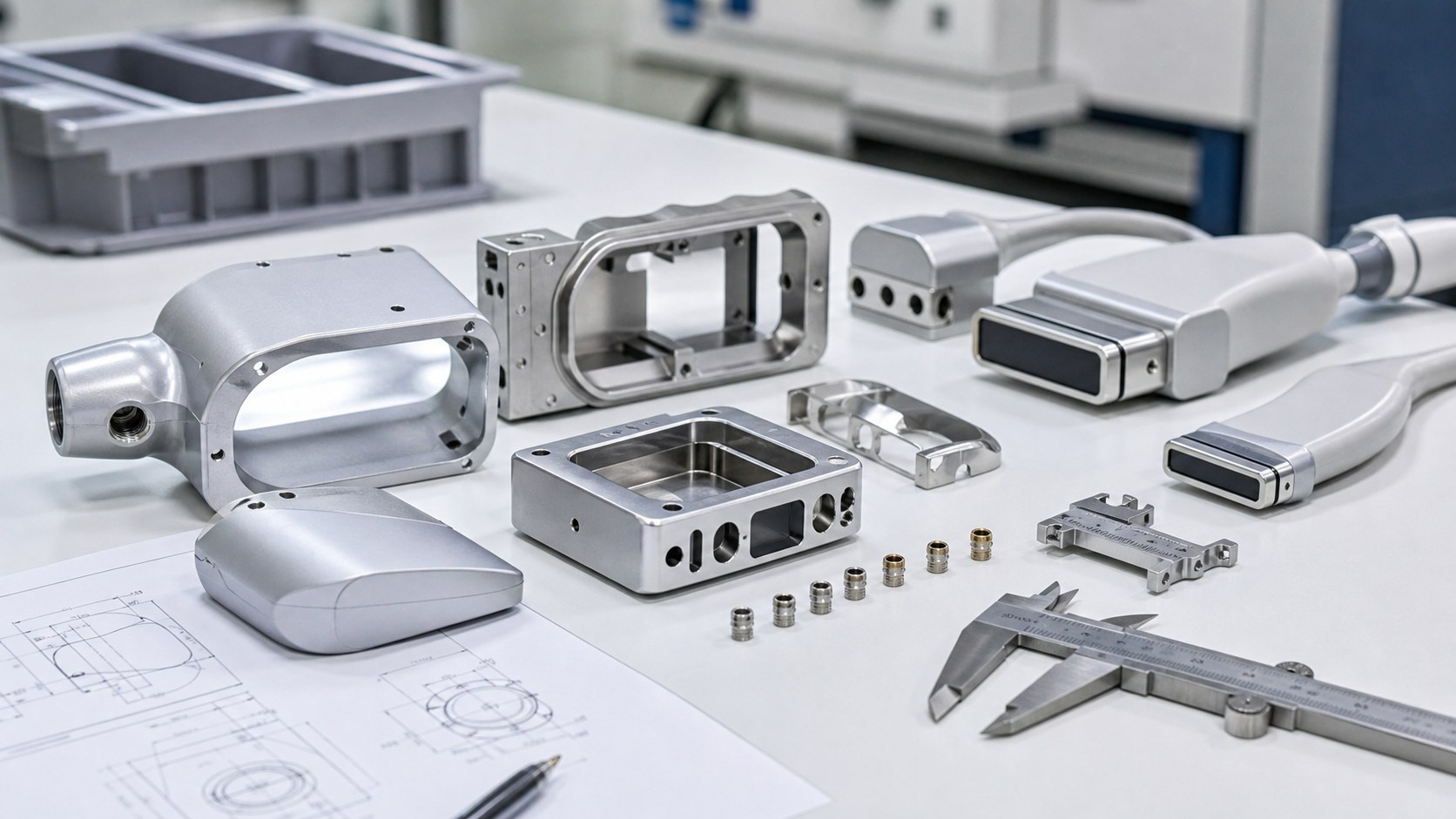 CNC machined ultrasound probe housings and transducer mounting frames