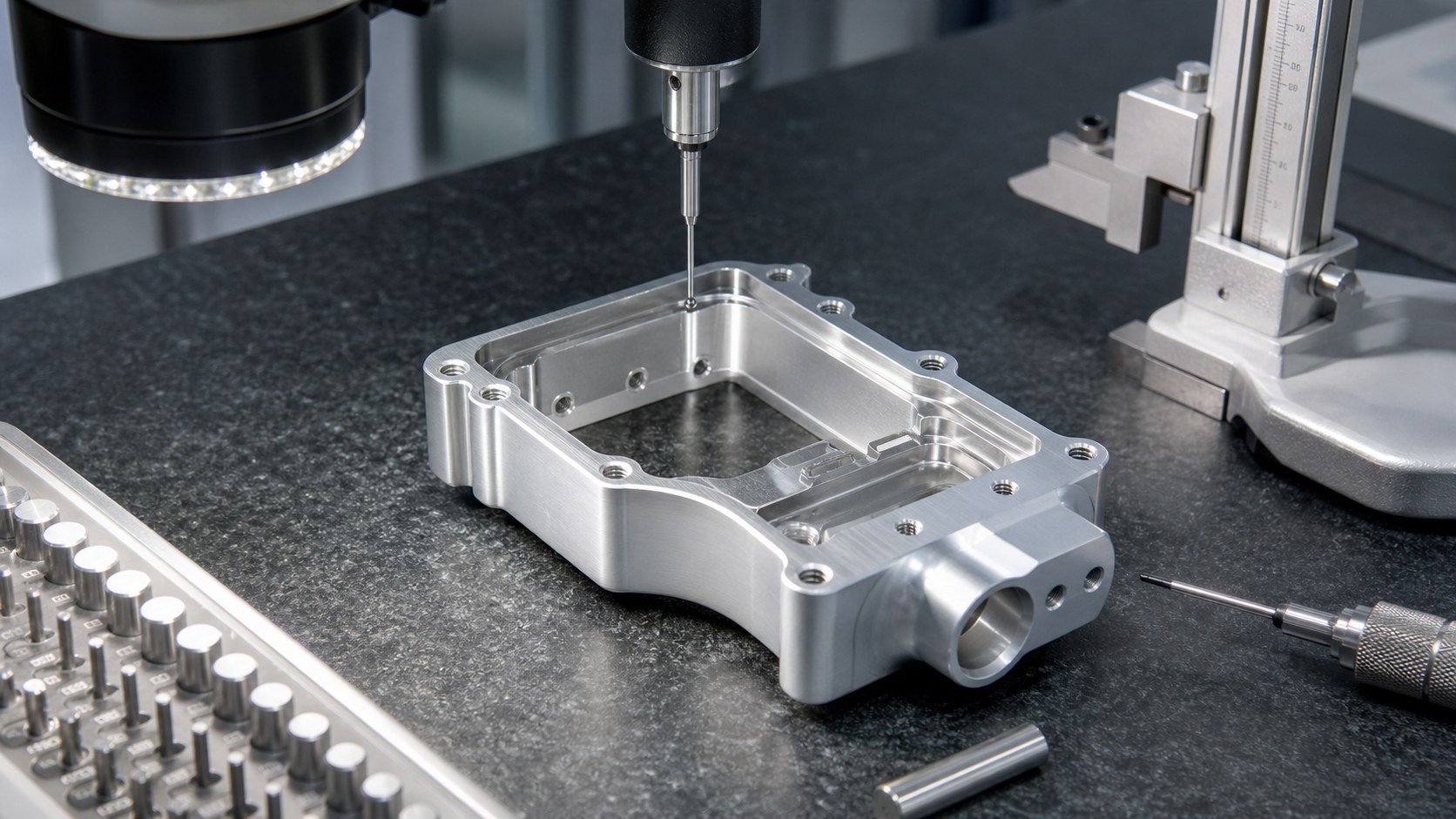 Inspection of acoustic window flatness and miniature threads on an ultrasound housing