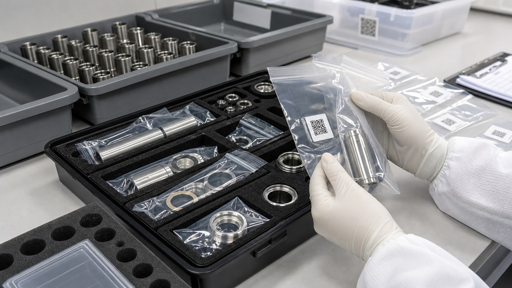 Clean packaging and traceability for endoscope optical CNC components