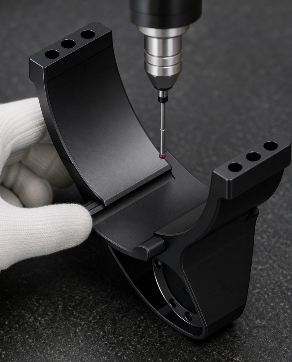 Quality inspection of a black anodized humanoid robot waist arc linkage