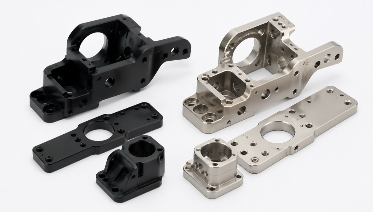 Black anodized and nickel finished aluminum robot components