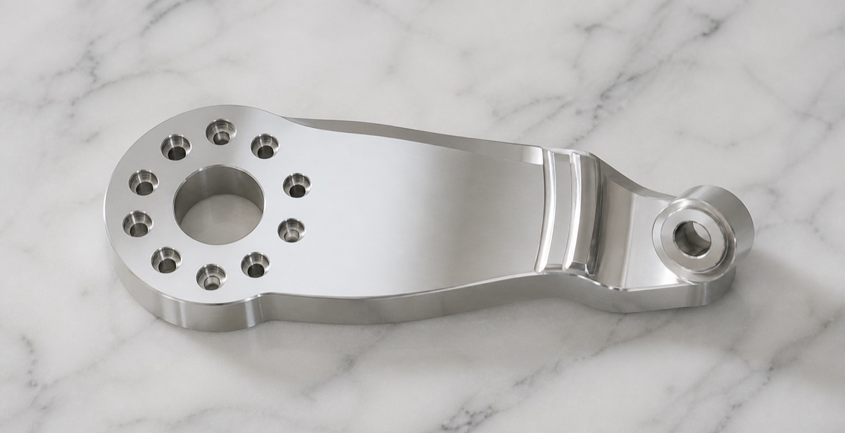 Polished humanoid robot waist linkage bracket with multi-hole flange and small-end bore