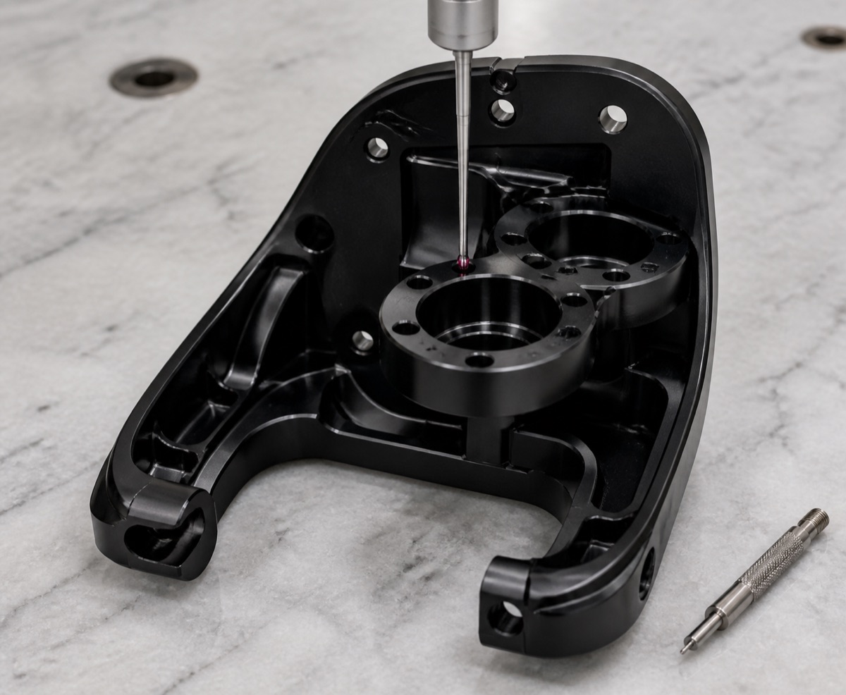 Inspection of center hole group and datum face on black anodized robot waist linkage assembly