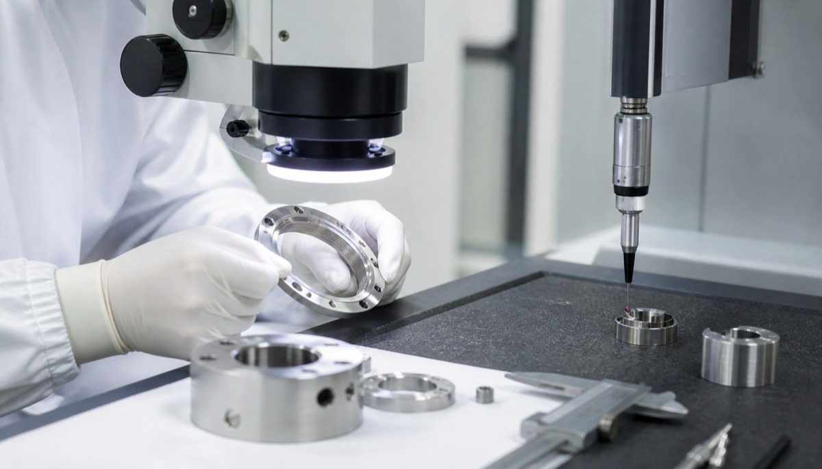 Inspection of stainless steel optical parts near precision bores and thin rings