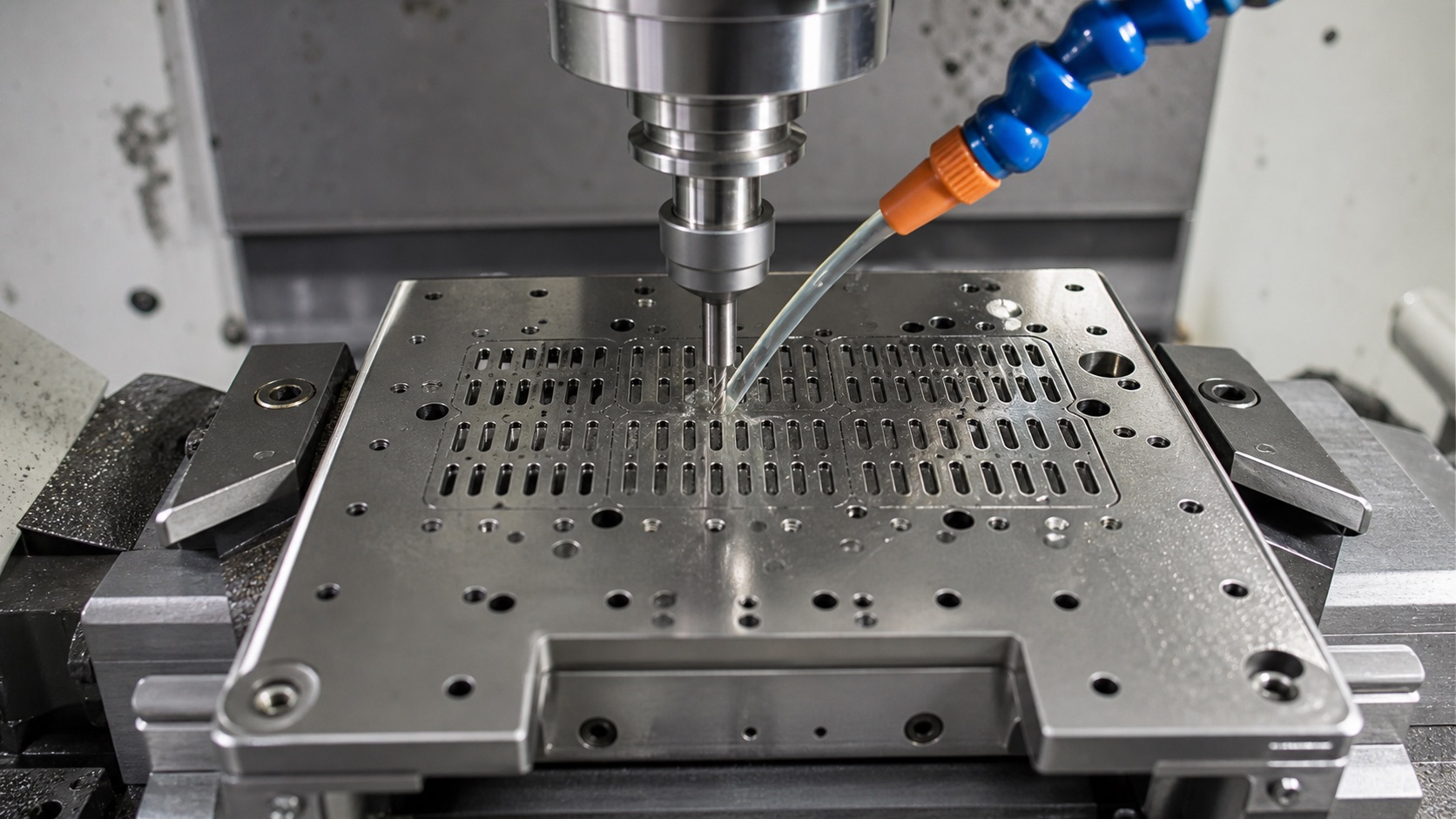 Machining drainage slots and locating holes in a surgical cassette plate