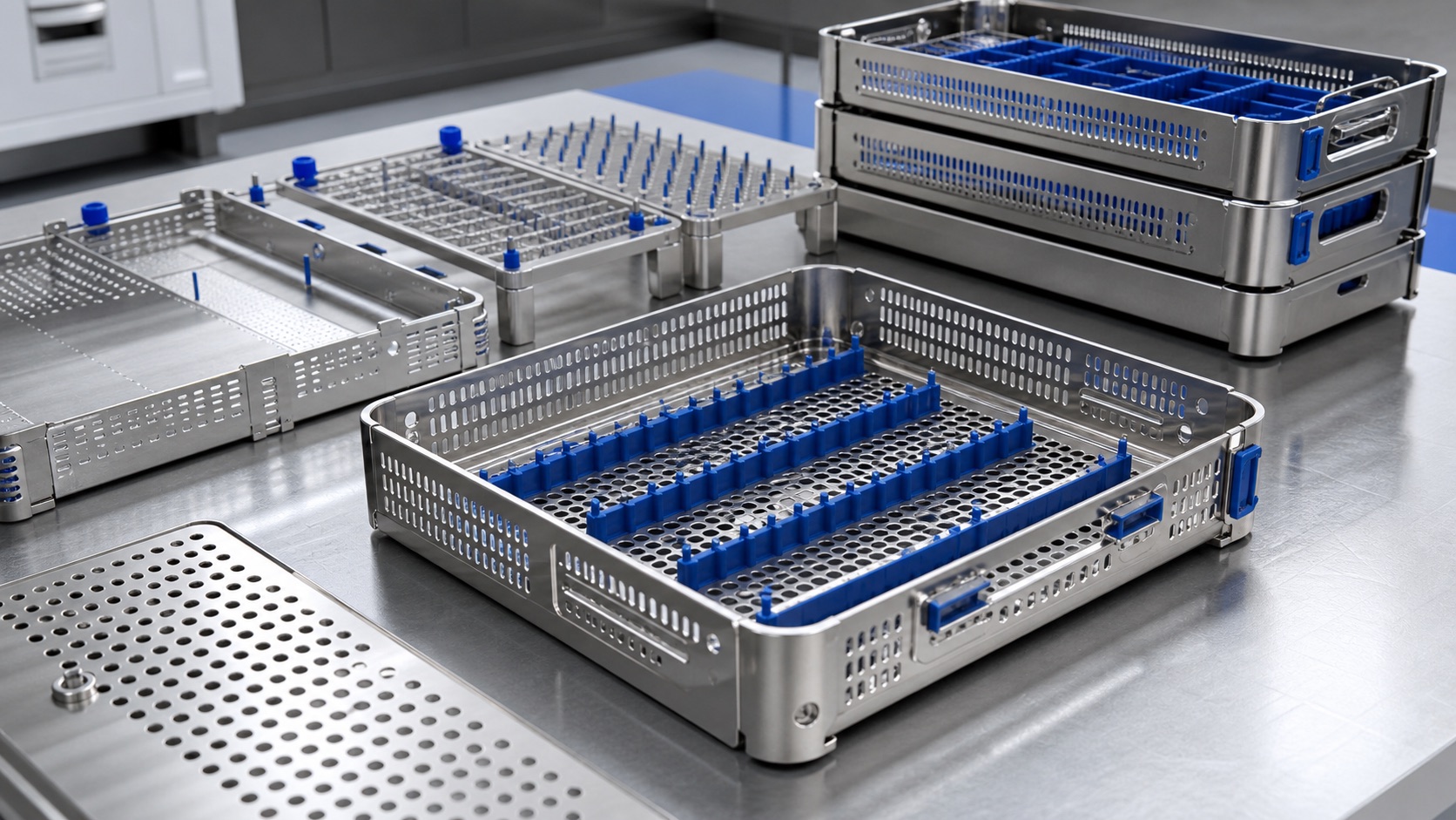 CNC-machined surgical sterilization tray and instrument cassette components
