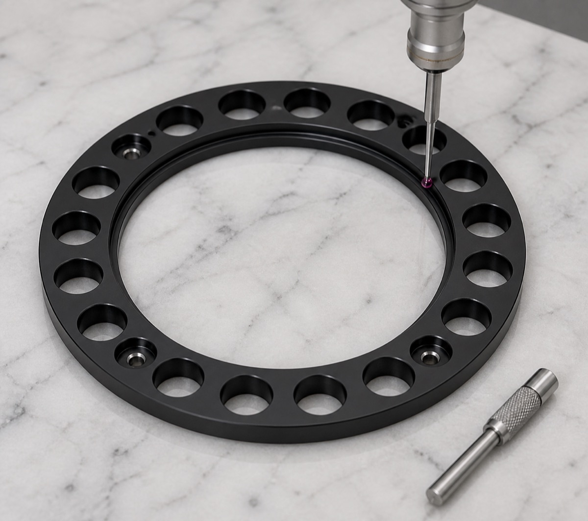 Inspection of inner bore step and circular hole group on black bearing press plate