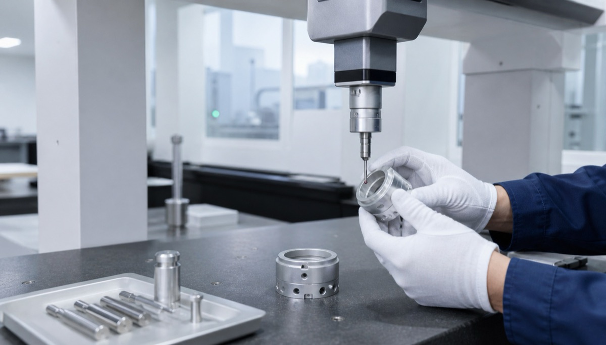 Engineer inspecting optical instrument parts and datums on a metrology table