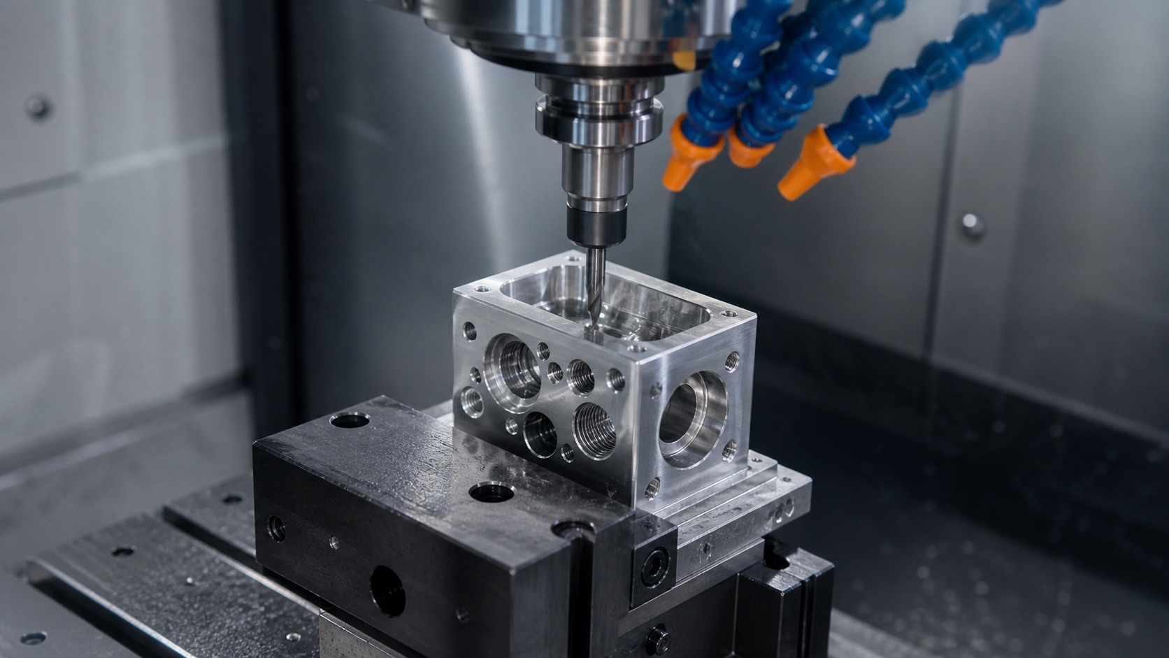 Machining a dialysis fluid manifold block with threaded ports and O-ring features