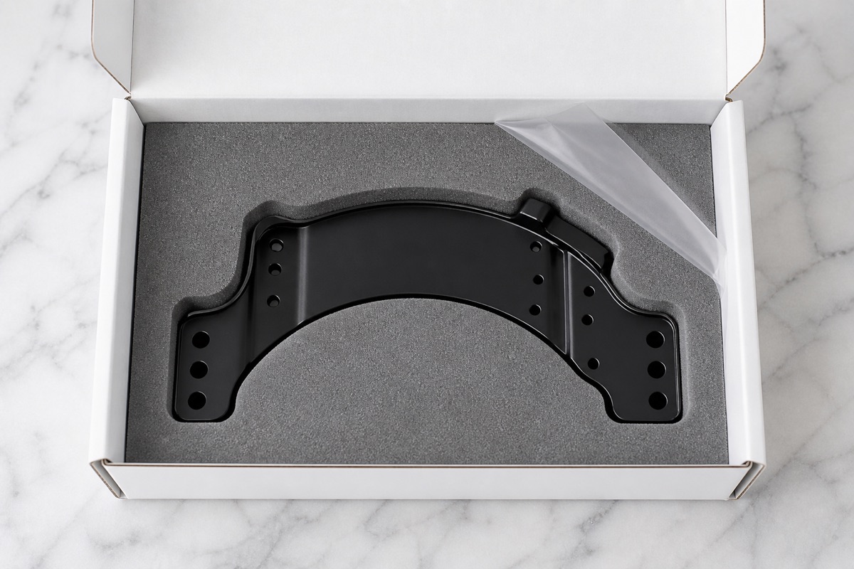 Form-fit foam packaging for black anodized humanoid robot motor clamp