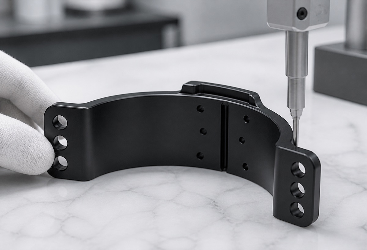 Inspection of end hole groups and curved profile on black anodized motor clamp