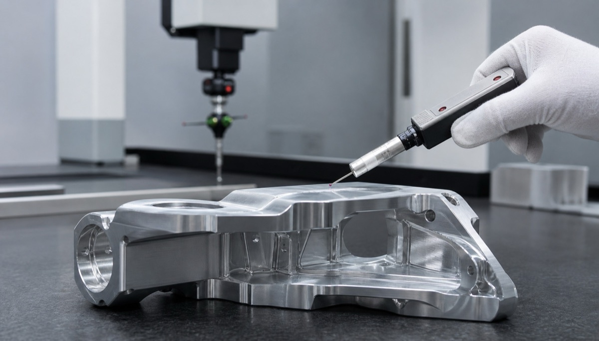 Engineer checking surface condition and datum features on a robot machined part