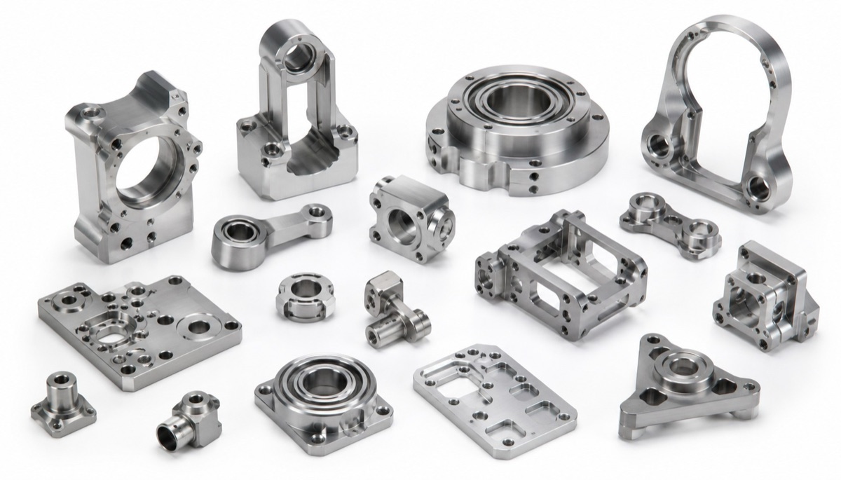 Assorted robot precision machined parts with bearing bores and mounting faces