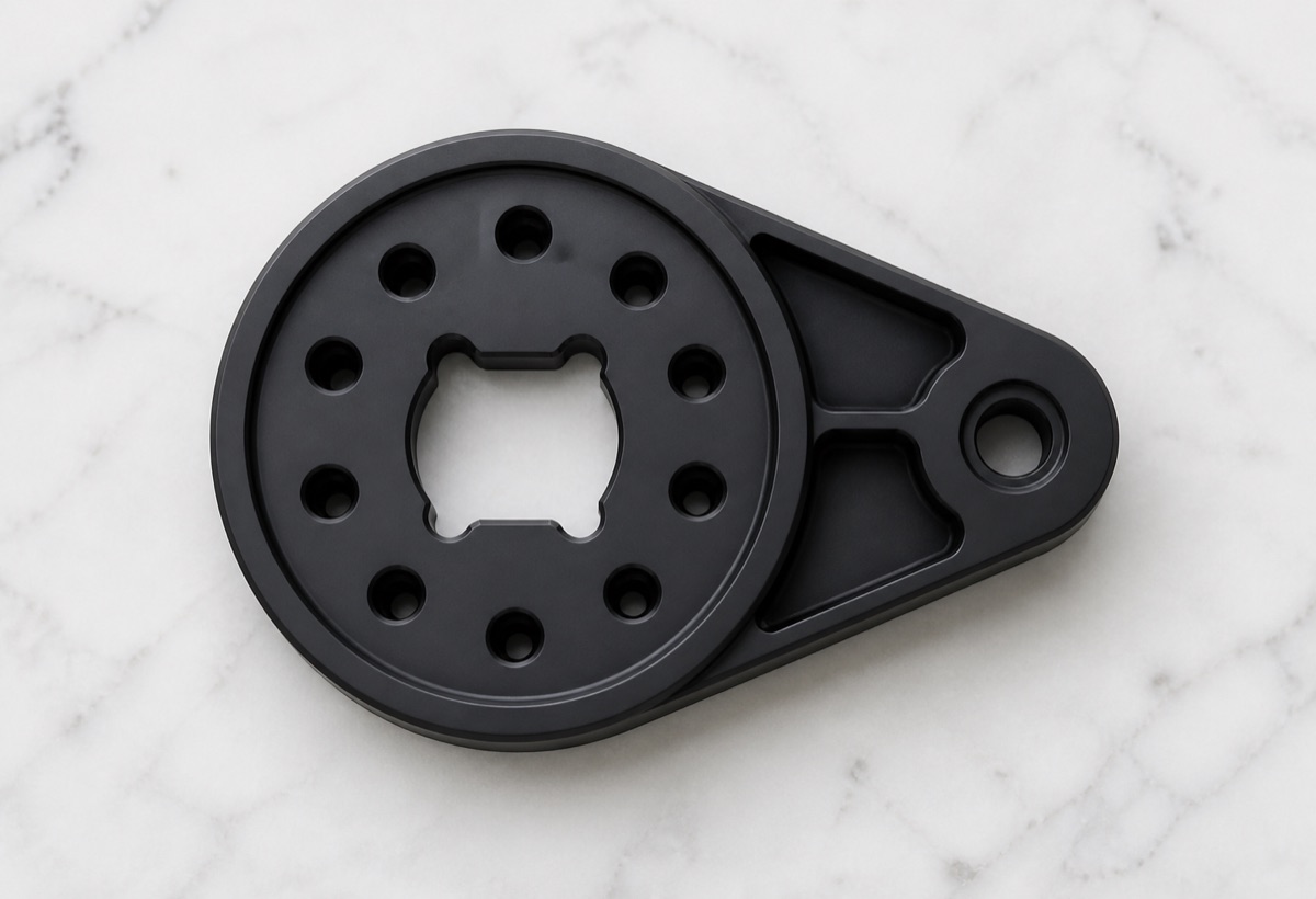 Black anodized humanoid robot ankle swing arm with circular hole pattern and lightweight pockets