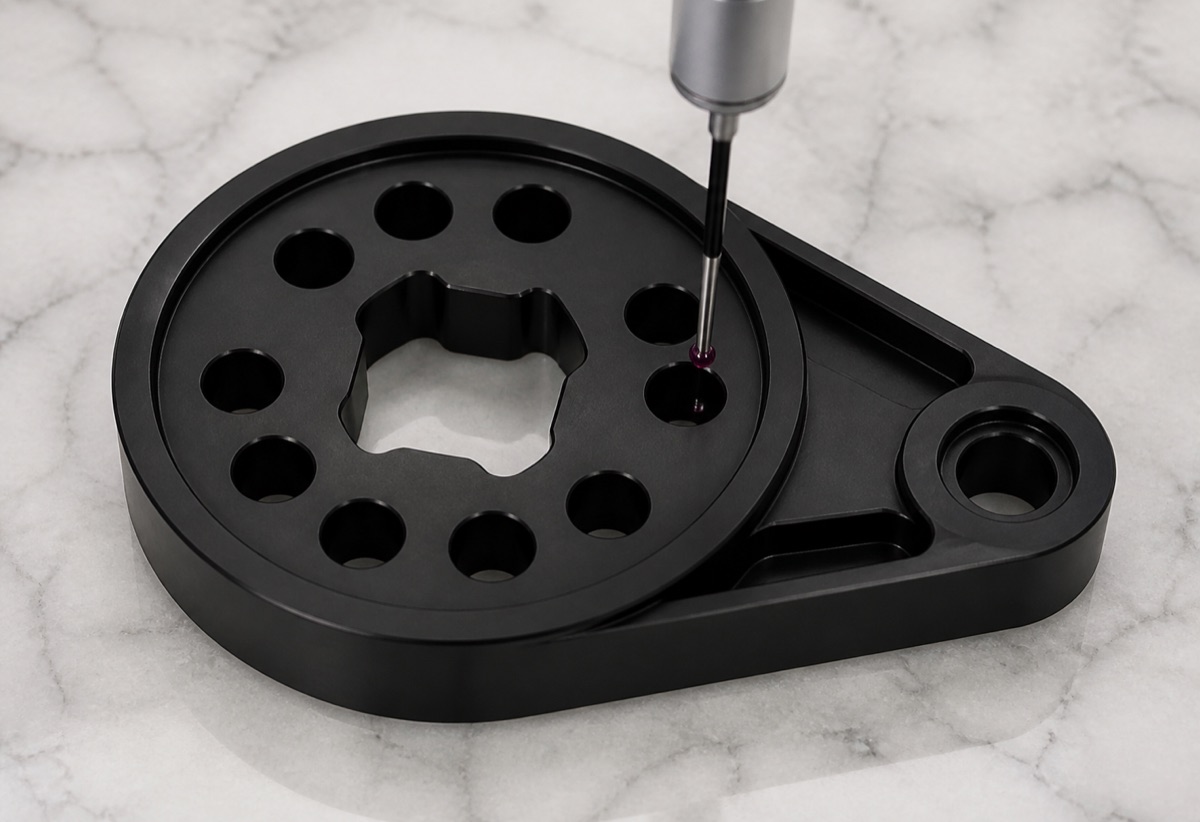 Inspection of circular hole pattern and center profile on black anodized ankle swing arm