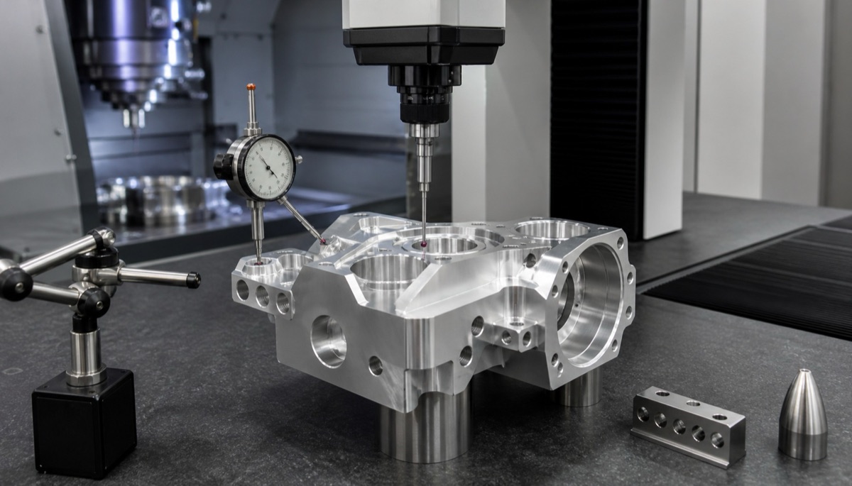 Precision CNC part inspection with dial indicator and machining center