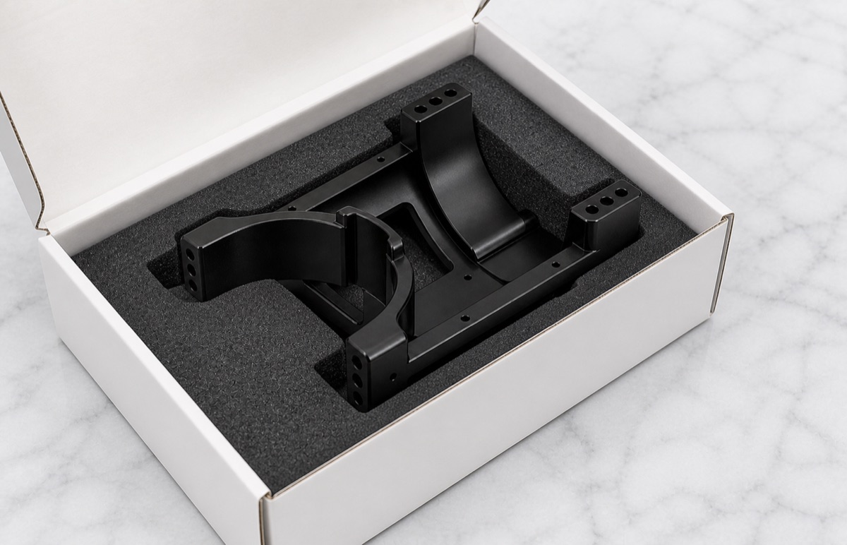 Protected foam packaging for a black anodized humanoid robot thigh bracket