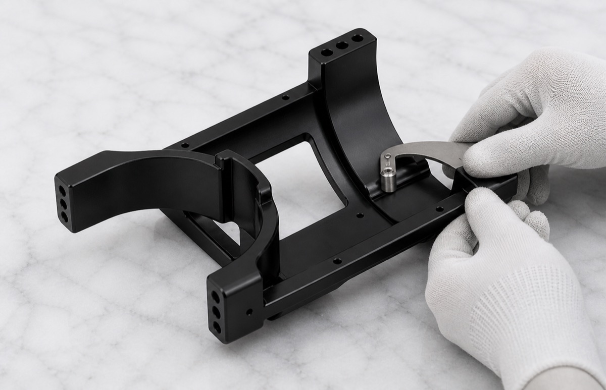Inspection of arc support surface and hole groups on a black anodized thigh bracket