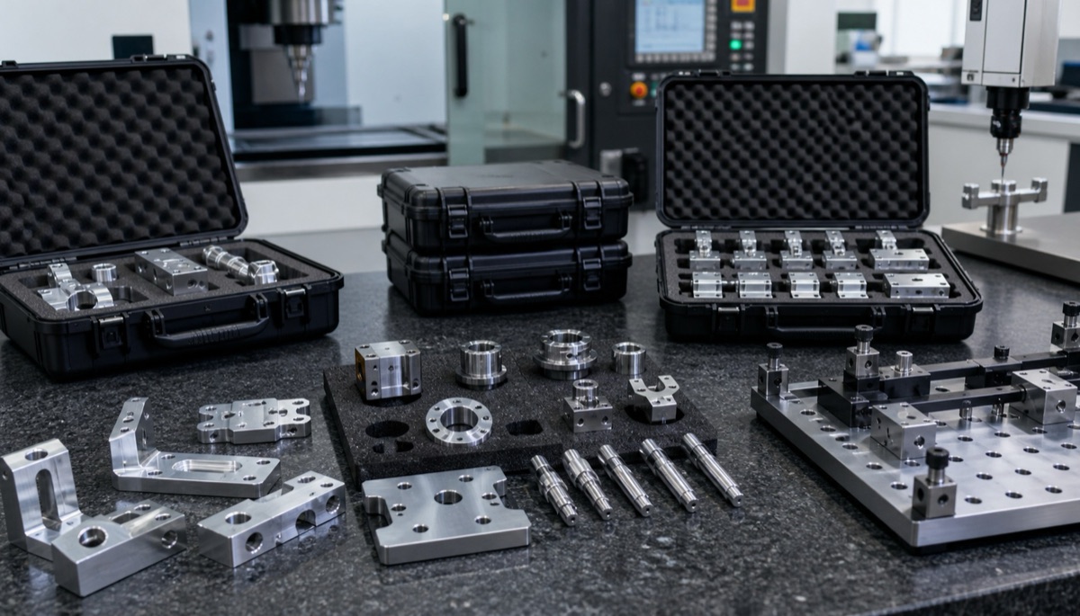 Small batch custom machined parts arranged for inspection and delivery