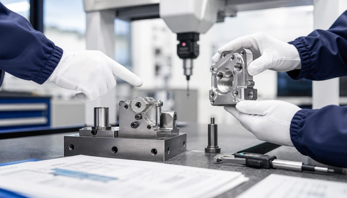 Engineer checking a CNC machined part and fixture before production