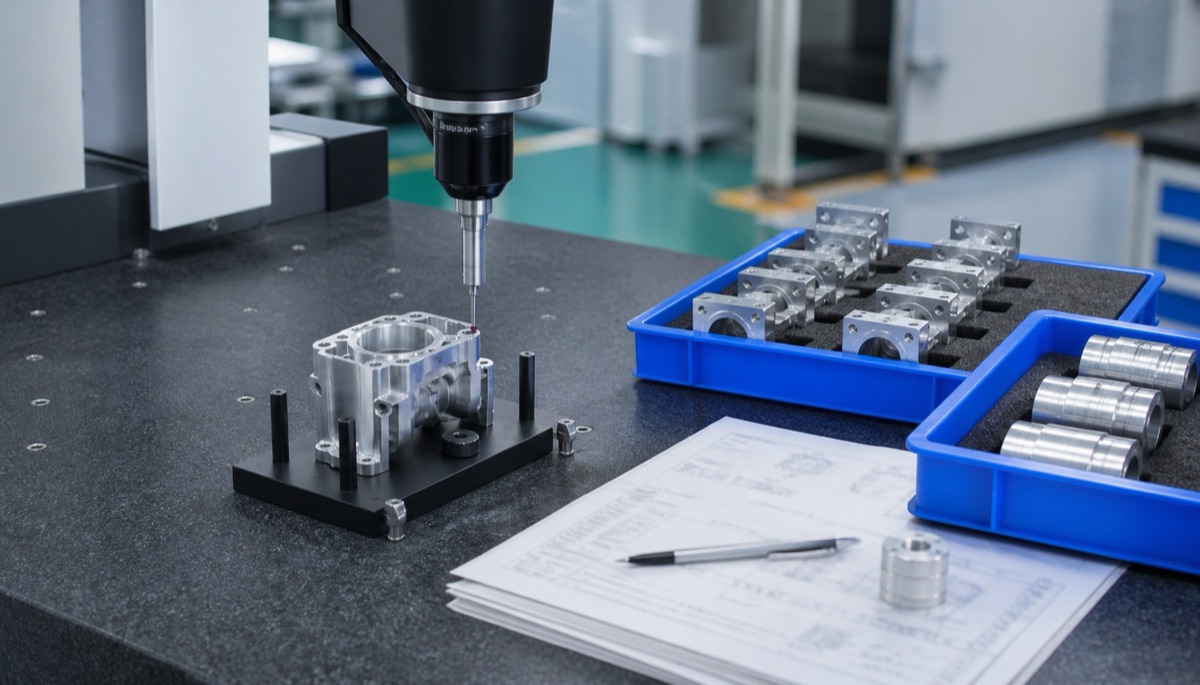 CMM probe inspecting a precision machined component with process records