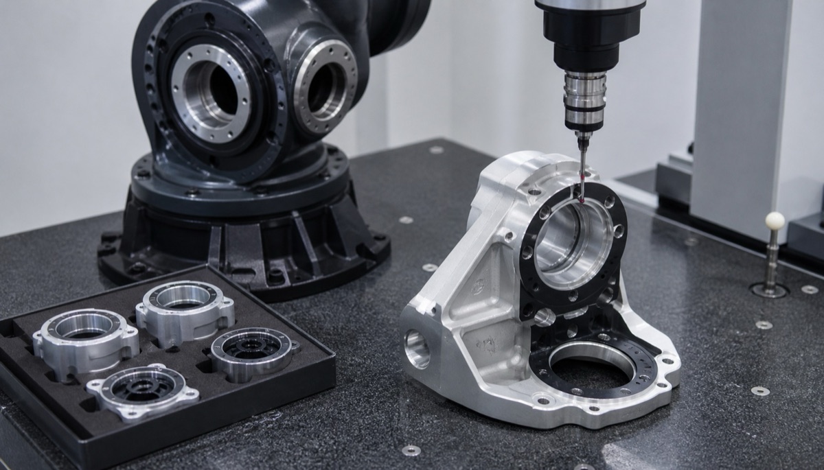 Inspection of bearing bores on a robot joint housing after precision machining