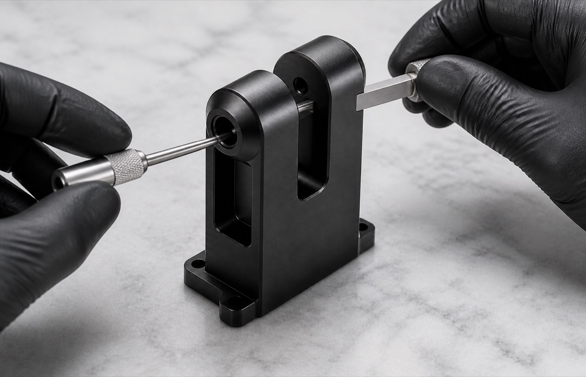 Inspection of shaft bore and side-hole datum relationship on a compact robot support seat