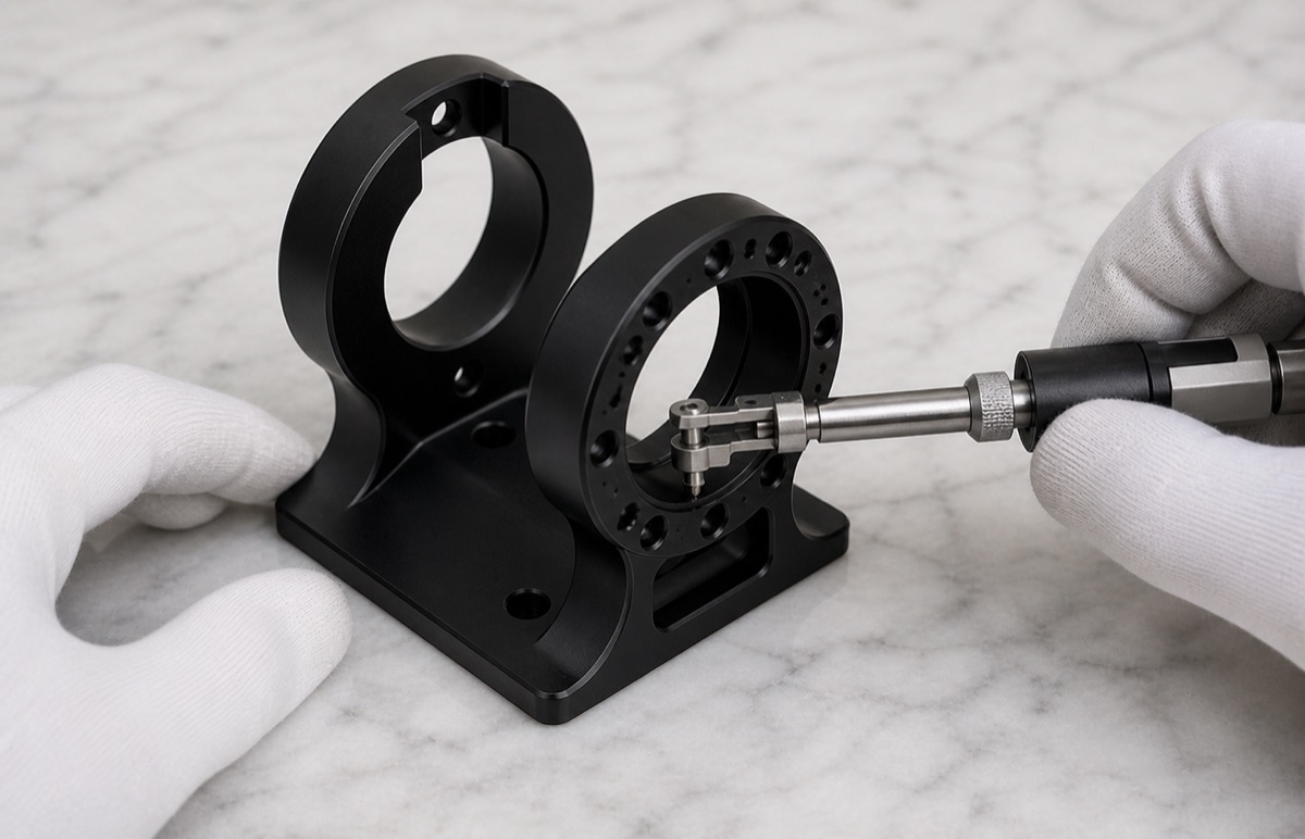 Inspection of H7 shaft bore and hole pattern on a black anodized robot foot support