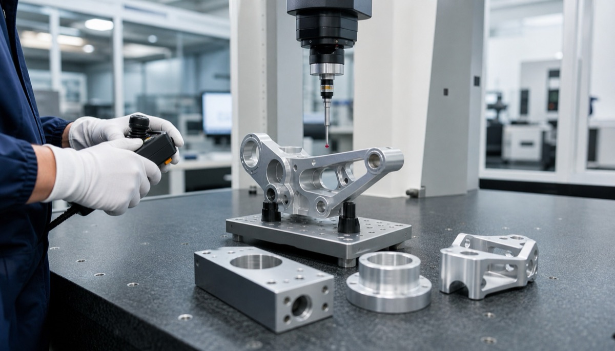 CMM inspection of an aluminum robot bracket after precision machining